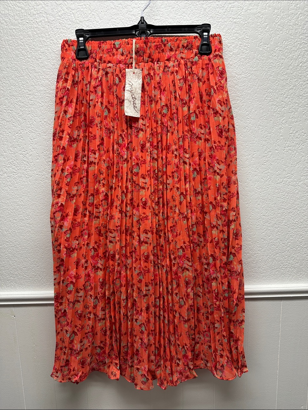 K165 Mystree Women’s Medium Orange Floral Pleated Lined Maxi Skirt NWT